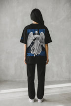 Cloud 19 Official Streetwear Malaysia black oversized 100% cotton t-shirt with angel graphic and blue text.
