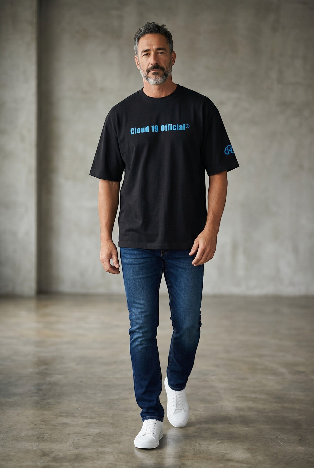 Cloud 19 Official Streetwear Malaysia black oversized 100% cotton t-shirt with blue graphic print on chest and sleeve.