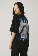 Cloud 19 Official Streetwear Malaysia black oversized 100% cotton t-shirt with angel graphic and blue text.