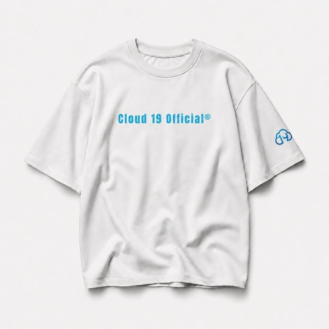 Cloud 19 Official Streetwear Malaysia white 100% cotton oversized t-shirt with blue logo on chest and sleeve.
