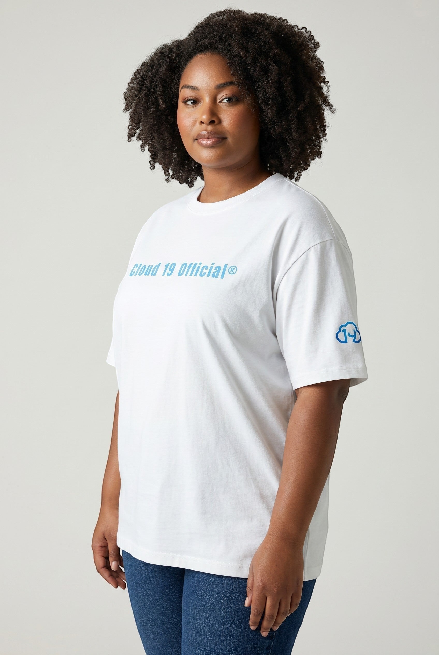 Cloud 19 Official Streetwear Malaysia white 100% cotton oversized t-shirt with blue logo on chest and sleeve.