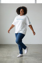 Cloud 19 Official Streetwear Malaysia white 100% cotton oversized t-shirt with blue logo on chest and sleeve.